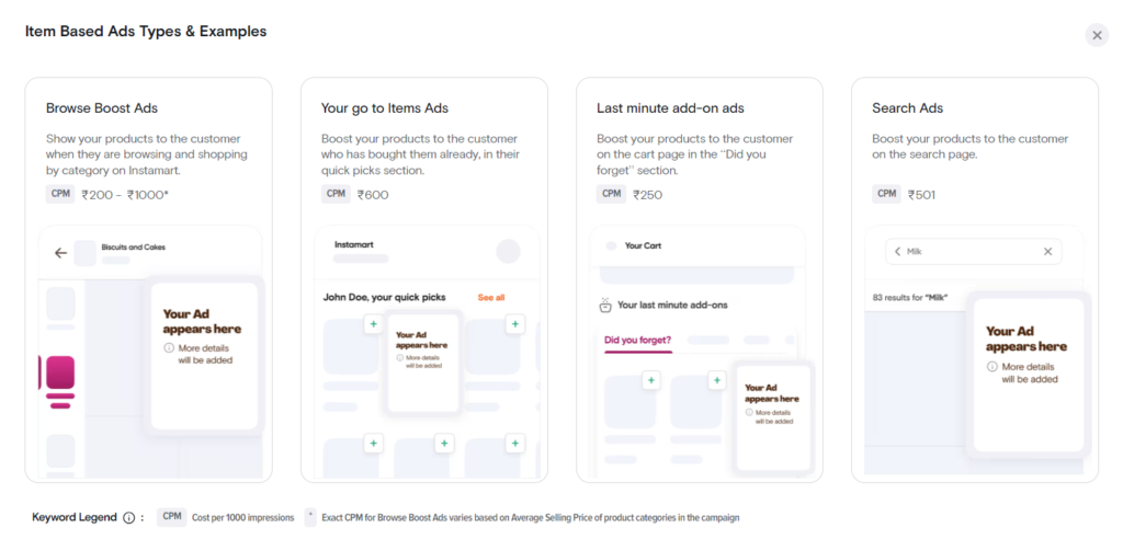 Instamart, Item based ads
